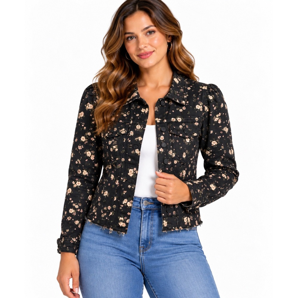 Celebrity Pink Womens Floral Denim Jacket Black Pink Puff Sleeve Cropped Medium